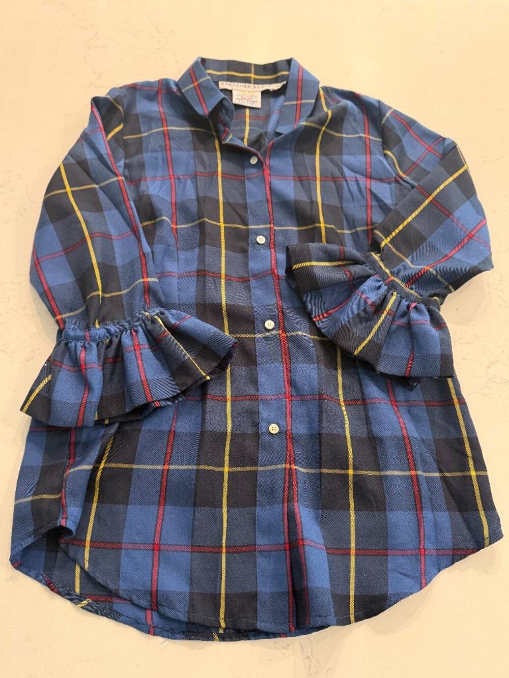 Small Gretchen Scott tartan plaid ruffle sleeve blouse